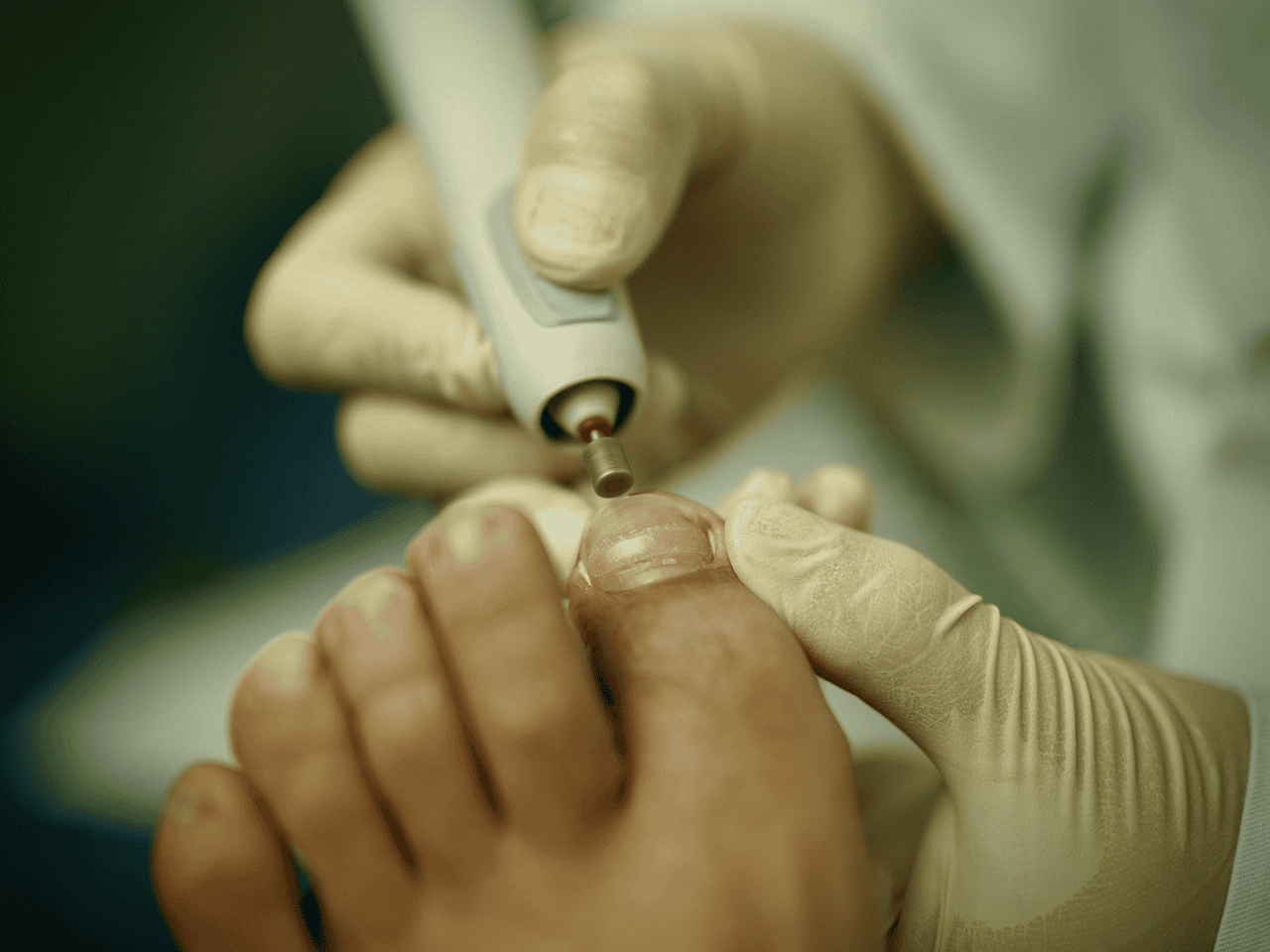 Gloved hands treating toenail