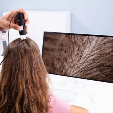 A person undergoing a scalp examination with a handheld device